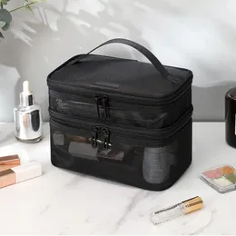 Sacos cosméticos Casos Dupla Camada Malha Saco Mulheres Portátil Make Up Case Grande Capacidade Viagem Zipper Maquiagem Organizador Higiene Pessoal Beleza Armazenamento 231025