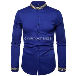 Blue Fashion Men's Shirt Personalized Small Standing Collar Embroidered Men's Shirt Long Sleeve Shirts for Men Party