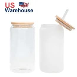US CA Stocked 16oz Sublimation Glass Mugs Beer Tea Water Bottles Clear Frosted Blanks Tumblers For DIY Printing 0516