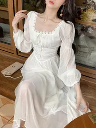 Casual Dresses Elegant Women Chiffon Slim Square Collar Dress Korean Female Full Sleeve Waisted Maxi Vestidos 2023 Summer 100