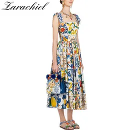 Modebanan Summerklänning 2020 New Women's Bow Spaghetti Strap Backless Blue and White Porslin Floral Print Long Dress Y2271a