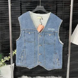 Lambswool Denim Vest Coat Outwear For Women Design Embroidered Letter Jacket Short Style Tank Coats