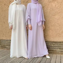 Ethnic Clothing 2023 Chiffon Muslim Dress Women Long Sleeve Single Breasted Abays Islamic Dubai Turkish Abayas Solid Color Robes