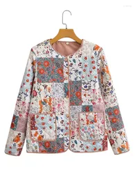 Damenjacken Herbst Frauen Langarm O-Ausschnitt Patchwork Blumendruck Steppjacke Mantel