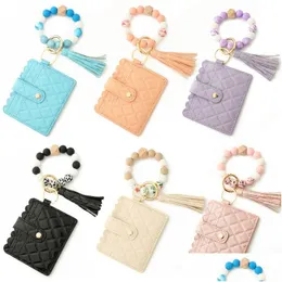 Party Favor Wristlet Keychain Armband Holder Key Ring Party Favor Sile Car Wallet Pärled Bangle With Card Leather Tassel For Women an Dhywg
