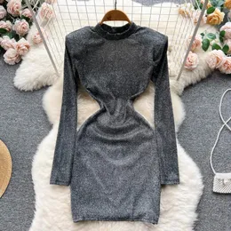 Casual Dresses Foamlina Women Sexy Bright Silk Mini Bodycon Party Dress Stand Collar Padded Shoulder Long Sleeve Slim Fit Backless Club