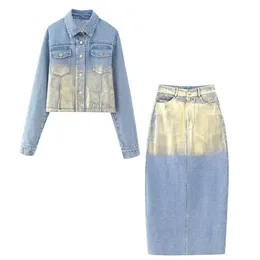 2 피스 드레스 unizera 가을 여성 패션 슬림 한 금속 짧은 데님 재킷 코트 하이 허리 스플릿 하프 스커트 캐주얼 세트 231025