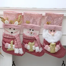 Christmas Stocking Gift Bags Sequin Plush Pink Socks Decorations Xmas Large 41cm Decorative Socks Durable Fireplace Stocking Hanging Candy Party Cute Santa Elk