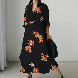 Vestidos casuais feminino outono vestido boêmio peixinho impressão o pescoço manga longa lapela camisa elegante comparecimento do escritório plus size roupas