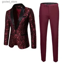 남자 양복 블레이저스 패션 남자 사업 Jacquard Suit 2 피스 블랙 / 골드 / 백인 남자 댄스 파티 스케이프 테일 드레스 남성 블레이저 + 바지 Q231025