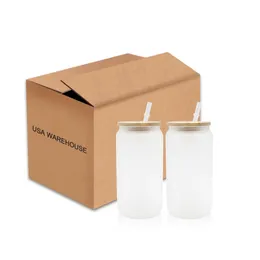 CA US Stocked 2 Days Delivery 16oz Sublimation Tumblers Can Shaped Glass Mugs For DIY Printing Clear Frosted Bottles 0516