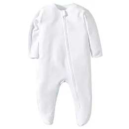 Rompers Born Footed Pyjamas Zipper Girl and Boy Romper långärmad jumpsuit bomull fast vitt mode 0-12 månader babykläder 231024
