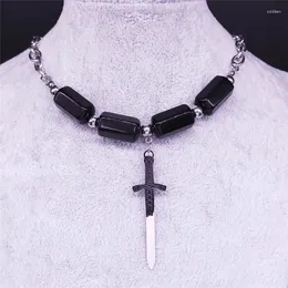 Hänge halsband viking svärd rostfritt stål obsidian charm silver färg kvinnor smycken gargantillas cortas mujer nx405304