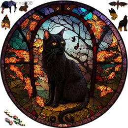 Puzzles Mysterious Wooden Puzzle painted Black Cat Funny Toy Animal Wood Puzzles Smart Game Round Shaped Jigsaw Puzzle Best Gift For kidL231025