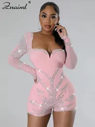 Macacões femininos macacão znaiml elegante manga longa playsuit nightclub aniversário outfits mulher diamantes brilhantes curto luxo 231025