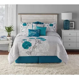 Conjuntos de cama 7 peças Teal Roses Comforter Set FullQueen com detalhes de apliques bordados 231025