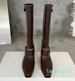 New product retro boots square toe thick heel extremely simple metal buckle knight boots women's genuine leather cool hot girl high boots brown