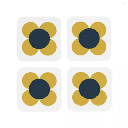 Table Mats Retro Flower In Light Mustard Yellow Navy Blue And White Coffee Placemats Tableware Decoration & Accessories Pads