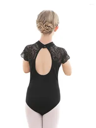 Stage Wear Girls Dance Leotard Lace Neck Dancewear Top Back Bow Water Drop-Shaped Toddler Gymnastic Short Sleeve Ballerina Bodysuit Outfit