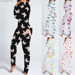 Kvinnors sömnkläder fjäril tryck onesies Kvinnor knäppta ner jumpsuit underkläder funktionella knäppta klaff vuxna jumpsuit långärmad pijama mujer t231025