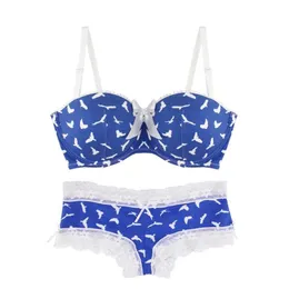 Bras Sets MiaoErSiDai Sexy Girls Bra Set Flying Bird Blue Printed Underwear Lace Bralette And Brief Padded Have Small Size 28-36 A205C