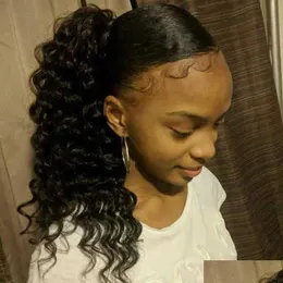 合成ウィグ人間の髪のポニーテールキンキーカーリーdstring黒人女性アフリカ系アメリカ人の中程度のupdoヘアピースパン2クリップスdhorj