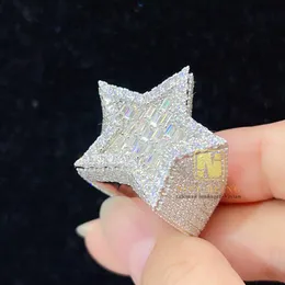 Sterling Gümüş 925 İnce Buzlu Takı Yüzük Moda Otobüsleri Aşağı VVS Moissanite Hip Hop Men Diamond Star Ring