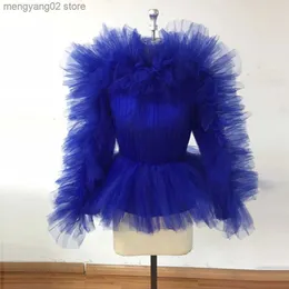 여성용 블라우스 셔츠 실제 이미지 로얄 블루 얇은 명주 여자 블라우스 주름편 메쉬 여성 최고 소매 패션 여성 블라우스 2021 T231025