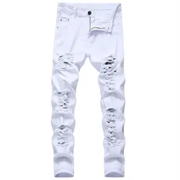 Mens White Black Distressed Holes Skinny Jeans Full Length Denim Pants Street Style Trousers Whole351P