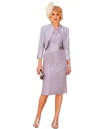 Mother's Dresses Custom Mother Of The Bride Knee-Length Plus Size Zipper New Formal Straight Satin Lace With Jacket Two Pieces O-Neck Long Sleeve Crystal