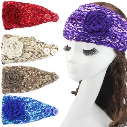 New Women Camellia Flower Knitted Headbands Wool Knitting Crochet Head Wrap Wide Hairband With Button Turban Hair Accessories