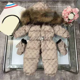 New infant Down jumpsuit Fur collar kids Winter clothing Size 75-110 Grid Letter Full Print baby overcoat and Warm gloves Oct20