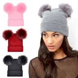 Nowy sztuczny futra pom hap dla kobiet pompom zimowe dzianinowe czapki czapki dziewczyny faux fur