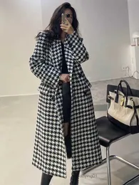Women's Wool Blends Fashion Houndstooth Woolen Coat Woman Winter Thick and Warm Long Ladies Autumn Casual Suit Collar Top Clothes 221123