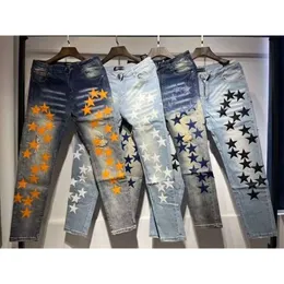 Purple Jean Amiiris Designer Jeans Mens High Street Broken Orange Star Patch Slim Fit Mała stopa Full Sky Stretch Make