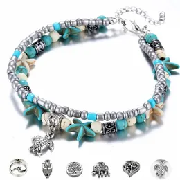Double Anklet Conch Starfish Rice Bead Yoga Beach Turtle Pendant Anklet Bracelet GD543196w