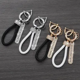 Keychains Lanyards Crystal Anti lost Luxury Leather Keychain Women Men Buckle Car Key Ring Chain Holder Phone Number Tag Keyfob Jewelry 231025
