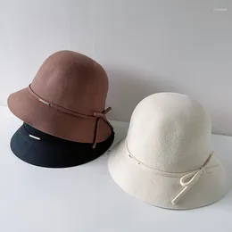 Berets Korean Fashion Simple Wool Fisherman Bucket Hat For Women Bow Wide Brim Fedora Autumn Winter Ladies Casual Bowler