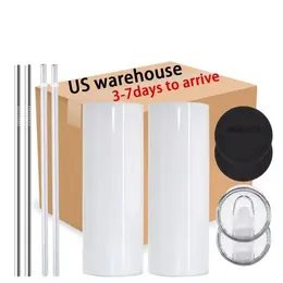 US Stock 20oz Sublimation Blanks Mugs Stainless Steel Tumblers Cups With Plastic Lid and Straw Big Capacity Vacuum Insulated Water Bottles 0412