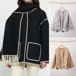 Autumn and Winter Seasons Women's Jackets with Fringe Scarf Collar Wool Embroidery Loose Relaxed Fashion Women's Office Available in Various Colors