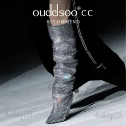 Boots Ods مثير العلامة التجارية الفاخرة الفضة كريستال الركبة عالية مكتنزة مصمم نسائي مكدسة رعاة البقر أحذية راينستون بريق الأحذية 414243 T231025