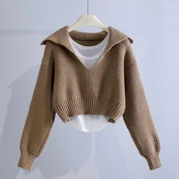 Women's Sweaters Women's 2023 Autumn Winter Women Set Fashion Knit Sweater Vintage Lapel Collar Long Sleeve Female Pullovers Short