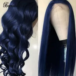 Lace Wigs Bernardo Dark Blue Front Wig Synthetic for Black Women 26 Inches Long Straight Hair Frontal Bady Wave 231025