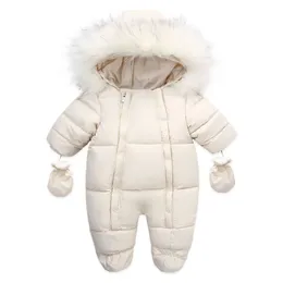 Rompers vinter baby jumpsuit tjock varm spädbarn huva inuti fleece född pojke flicka övergripande ytterkläder barn snöar 231025
