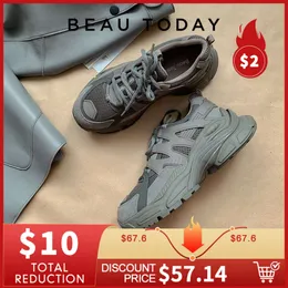 Beautoday - Sapatos esportivos femininos com plataforma de malha sólida, cadarços respiráveis, sola óptica circular feita à mão 29462