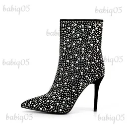 Botas femininas novas finas de salto alto moda botas curtas strass moda feminina tornozelo botas lado zíper pontiagudo botas de festa de boate t231025