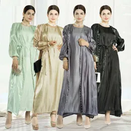 Etniska kläder marocko kaftan muslimska abaya eleganta pärlor kvinnor klär 2 bit set klänningar dubai arabiska siden satin kimono cardigan robe outfits