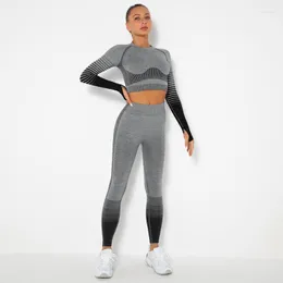 Женские брюки из двух предметов, женский комплект из 2 предметов для спортзала, тренировочная одежда для женщин, укороченный топ с длинными рукавами для фитнеса, бесшовные леггинсы с эластичной резинкой