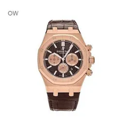 Audpi Royal Large Dial Oak Watch Mens Quartz Movement Wristwatch Royal Oak Automatic Chain Up Timing Code Rose Gold Brown Leather STR WN-V1HN