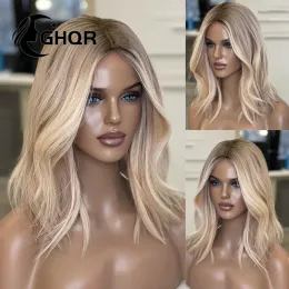 Ombre loira onda curta peruca de cabelo humano para mulher 13x4 peruca frontal do laço pré-arrancado perucas de fechamento sintético natural linha fina